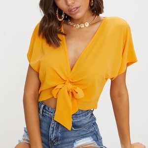 PLT Orange knot front short sleeve crop blouse